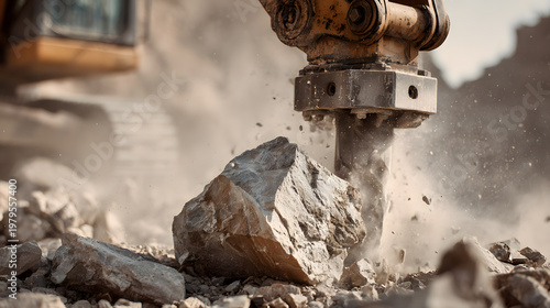 Hydraulic breaker crushing large rock on demolition site close up