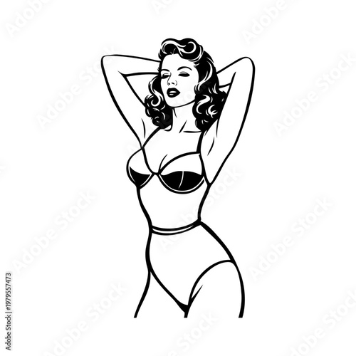 Logotipo con dibujo minimalista con líneas de una mujer con bikini y peinado de estilo retro, con las manos unidas detrás de la cabeza 