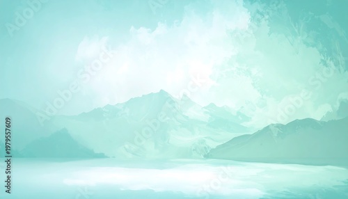 Abstract watercolor landscape painting with mountains and a serene atmosphere.