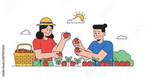 Happy Couple Harvesting Fresh Tomatoes in a Sunny Garden