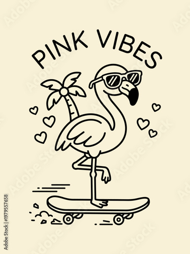 Flamingo Wearing Sunglasses on Skateboard.