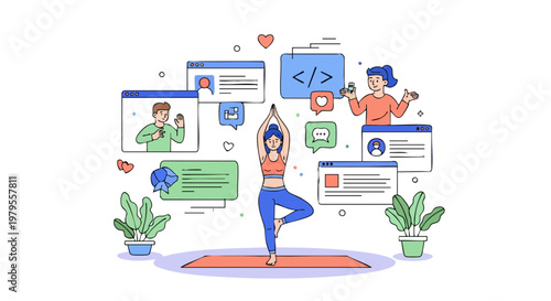 Woman practicing yoga tree pose for digital work life balance