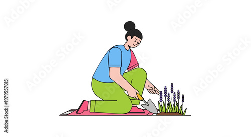 Woman Gardening and Planting Lavender Flowers with Trowel