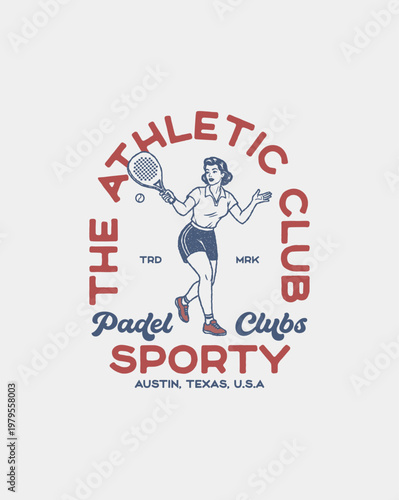 Vintage-style athletic club logo with a woman playing padel tenn