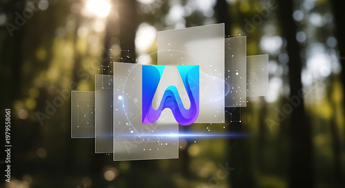 A futuristic logo with a blue and purple gradient is displayed in a forest with a blurred background and sunlight shining through the trees.