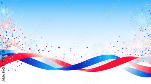 USA Independence Day Background with Fireworks and Red White Blue Ribbon Wave Banner