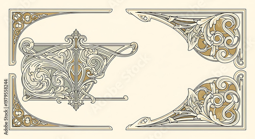 An ornate, vintage-style illustration of decorative borders and frames with intricate floral patterns and gold accents.