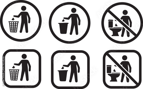 Set of black and white prohibition and permission signs depicting waste disposal