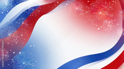 4th of July Patriotic Gradient Background with Fireworks and American Flag Wave Design