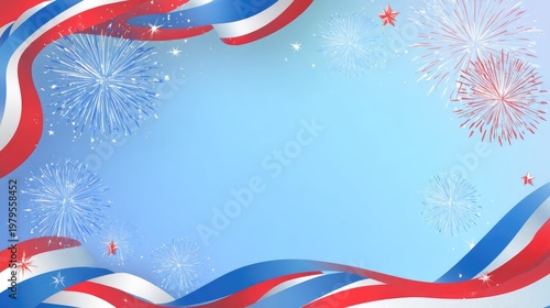 4th of July Patriotic Background with Fireworks and American Flag Ribbon Frame Design