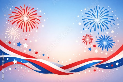 Patriotic Fireworks Burst Background with Red Blue Ribbon Celebration