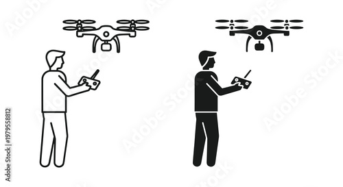 A minimalist black and white depiction of drone operation with remote controller