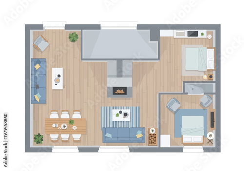 Modern Living Space Floor Plan Open Concept Living, Dining, and Kitchen with Two Bedrooms and a Bathroom
