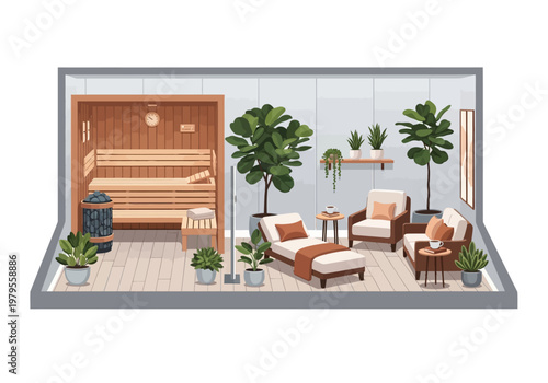 Relaxing spa room with sauna, lounge area and plants, interior design illustration