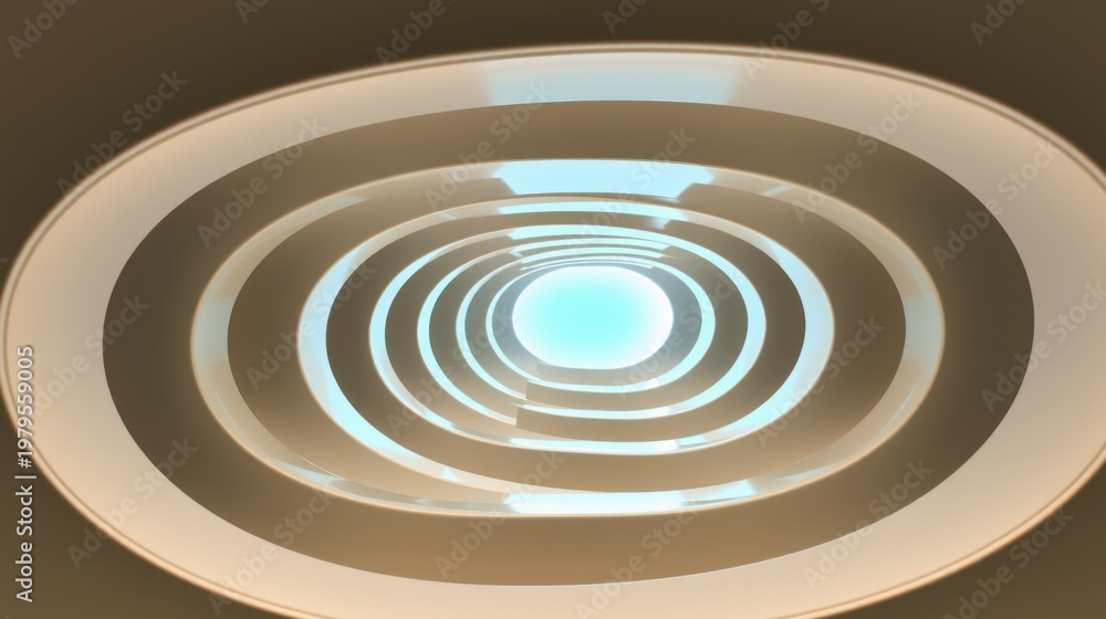 Fototapeta premium Abstract tunnel, concentric rings, glowing center. Warm tones dominate composition, creating depth illusion. Minimalist design.