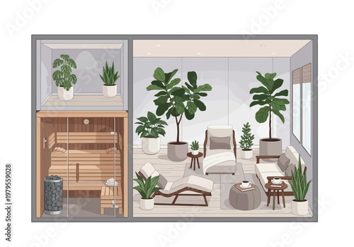 Interior design of a modern wellness center with a sauna, lounge area, and potted plants