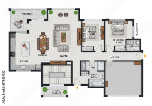 Architectural floor plan illustration of a spacious luxury home with multiple bedrooms, living areas, and outdoor terraces