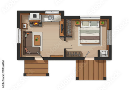 Tiny House Floor Plan Design Illustration with Living Area, Kitchenette, Bedroom, and Deck