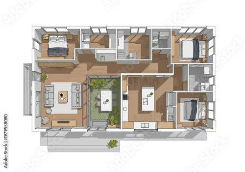 Modern Home Floor Plan Illustration with Multiple Bedrooms, Living Areas, and a Courtyard