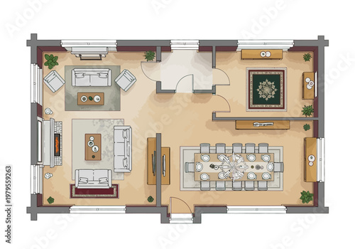 Interior Design of a Spacious Living and Dining Area with Elegant Furniture and Decor