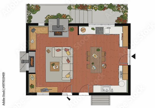 Top-down view of a furnished living room and dining area with fireplace and kitchen, interior home design