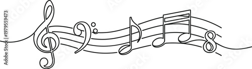 A black and white drawing of music notes