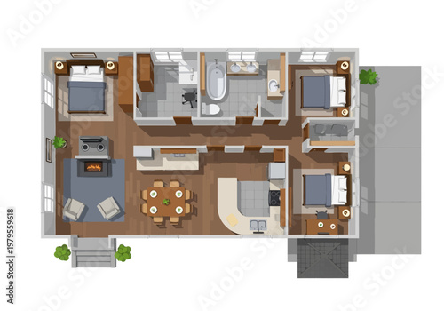 Overhead view of a modern, furnished 3-bedroom house floor plan with living room, kitchen, and bathrooms