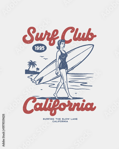 Vintage Surf Club California Woman with Surfboard.
