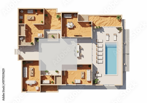 Top-down view of a modern luxury villa with swimming pool, open-plan living areas, and private suites, showcasing architectural design and outdoor amenities