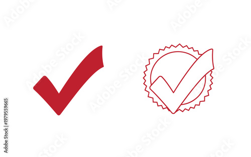 Red checkmark and seal on white background, check mark tick verified