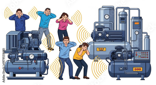 Industrial machinery noise pollution affecting people.