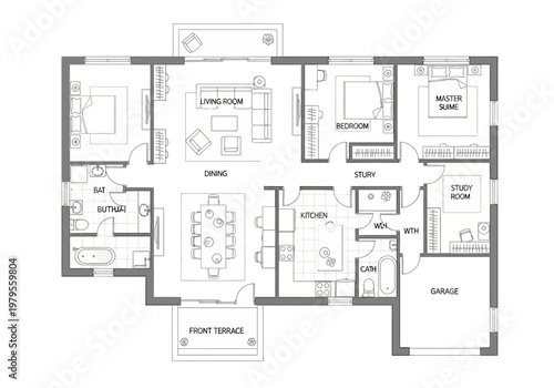 Architectural floor plan of a modern multi-room house featuring a spacious living area, dining room, kitchen, master bedroom, study, and garage
