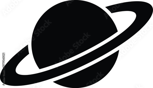 A sleek black and white depiction of a planet with prominent rings orbiting it.