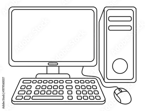 PC Tower with Keyboard and Mouse Vector, minimal outline computer, modern desktop hardware illustration