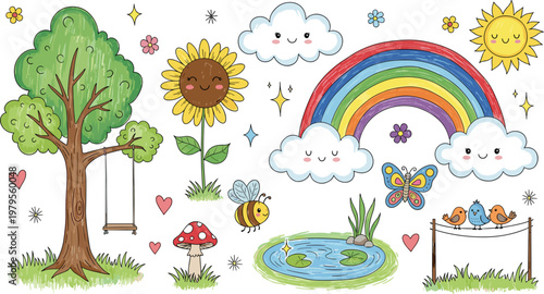 Cute Kawaii Nature Icon Set Featuring Trees, Flowers, Sun, Clouds, Bees, Birds, and Rainbows for Kids, Spring, and Summer Illustrations