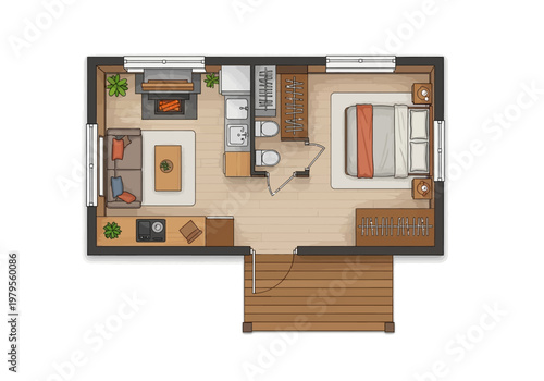 Cozy and functional tiny house floor plan with living area, kitchen, bathroom, and bedroom
