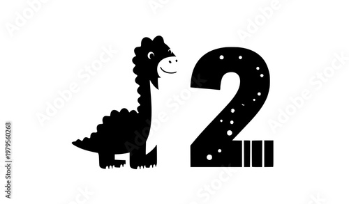 Cute dinosaur with number two for second birthday kids party vector illustration playful design isolated on white