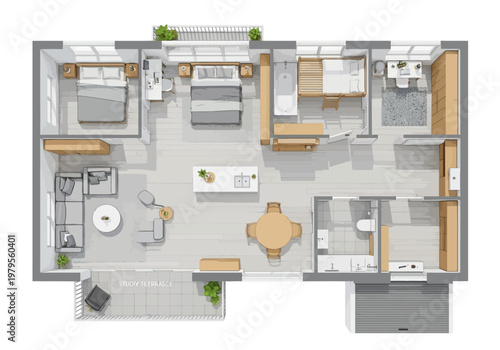 Modern Apartment Floor Plan Layout With Bedrooms, Bathrooms, Living Area, And Kitchen