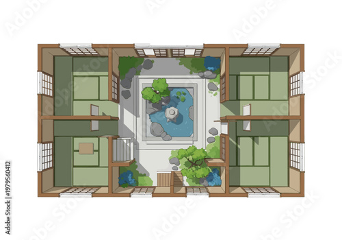 Japanese Style Courtyard House Floor Plan Illustration with Central Zen Garden and Water Feature