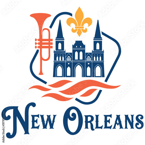 New Orleans Louisiana Travel Logo Illustration with St. Louis Cathedral, Jazz Trumpet, and Fleur-de-lis Icons for Tourism and Culture
