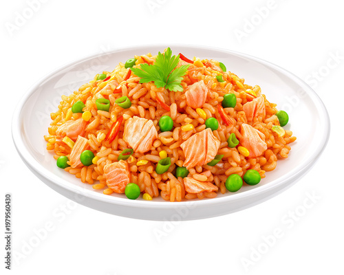 Delicious Salmon Fried Rice A vibrant and appetizing plate of salmon fried rice, a culinary masterpiece, prepared with savory salmon pieces, green peas, and fragrant seasonings.