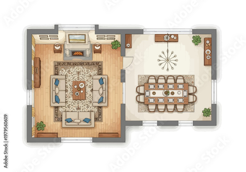 Elegant Living and Dining Room Floor Plan Design with Modern Furniture and Fireplace