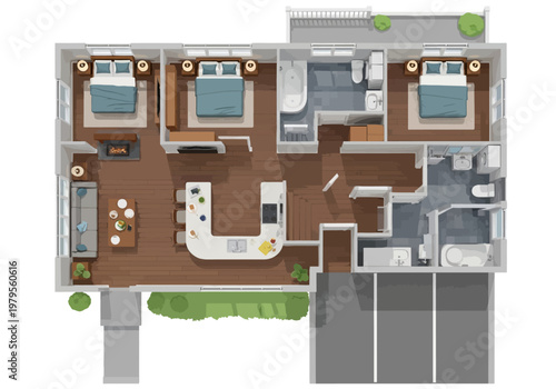 Modern 3 Bedroom House Floor Plan with Open Concept Living Area and Two Bathrooms