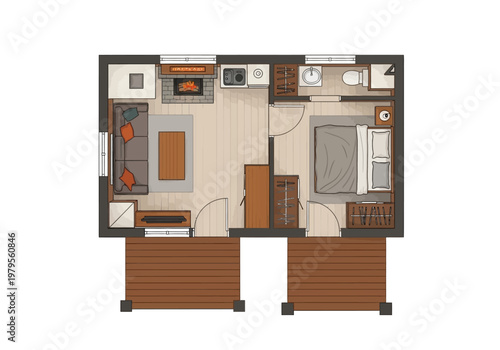 Cozy Cabin Floor Plan with Open Concept Living, Kitchenette, Bedroom, and Deck