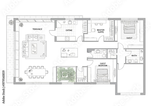 Architectural drawing of a modern house floor plan showcasing spacious living areas and private suites