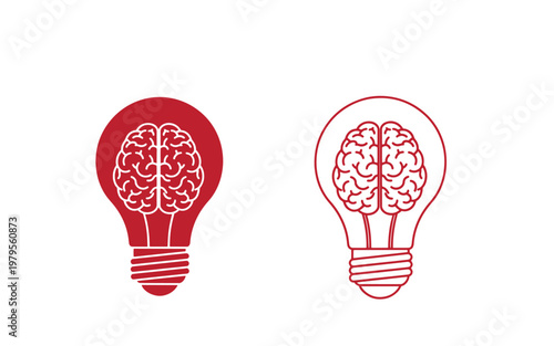 Red light bulb with brain inside, filled and outlined white symbol