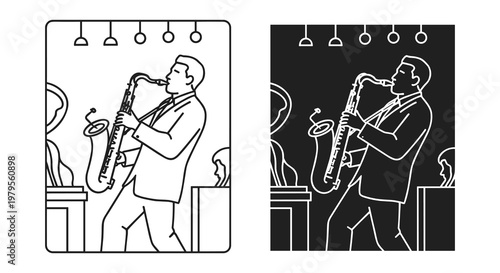 Elegant jazz musician with saxophone depicted in contrasting black and white images