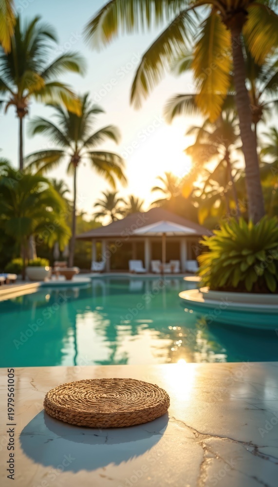 Naklejka premium Tropical resort poolside with turquoise water during sunset. Palm trees frame calm blue pool water with bright sunlight reflecting on surface. Luxury vacation destination.
