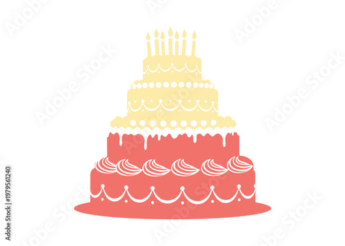 Decorative birthday cake vector artwork isolated on a bright white background.