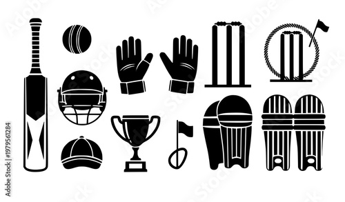 Cricket silhouette icon set sports equipment vector symbols